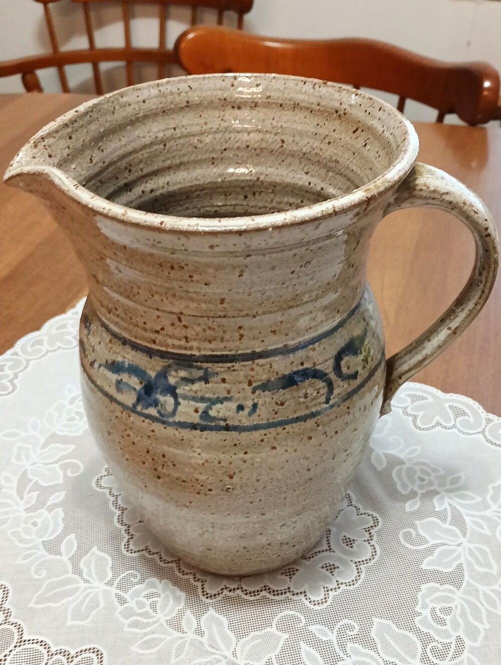Taupe  Brown Speckled Pottery Pitcher with a Wedgewood Blue Design-8.5"H x 6.5"W